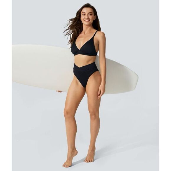 Halara Contrast Adjustable Strap Crossover Hem Bikini Top swimsuit Size M NWT - Picture 6 of 14